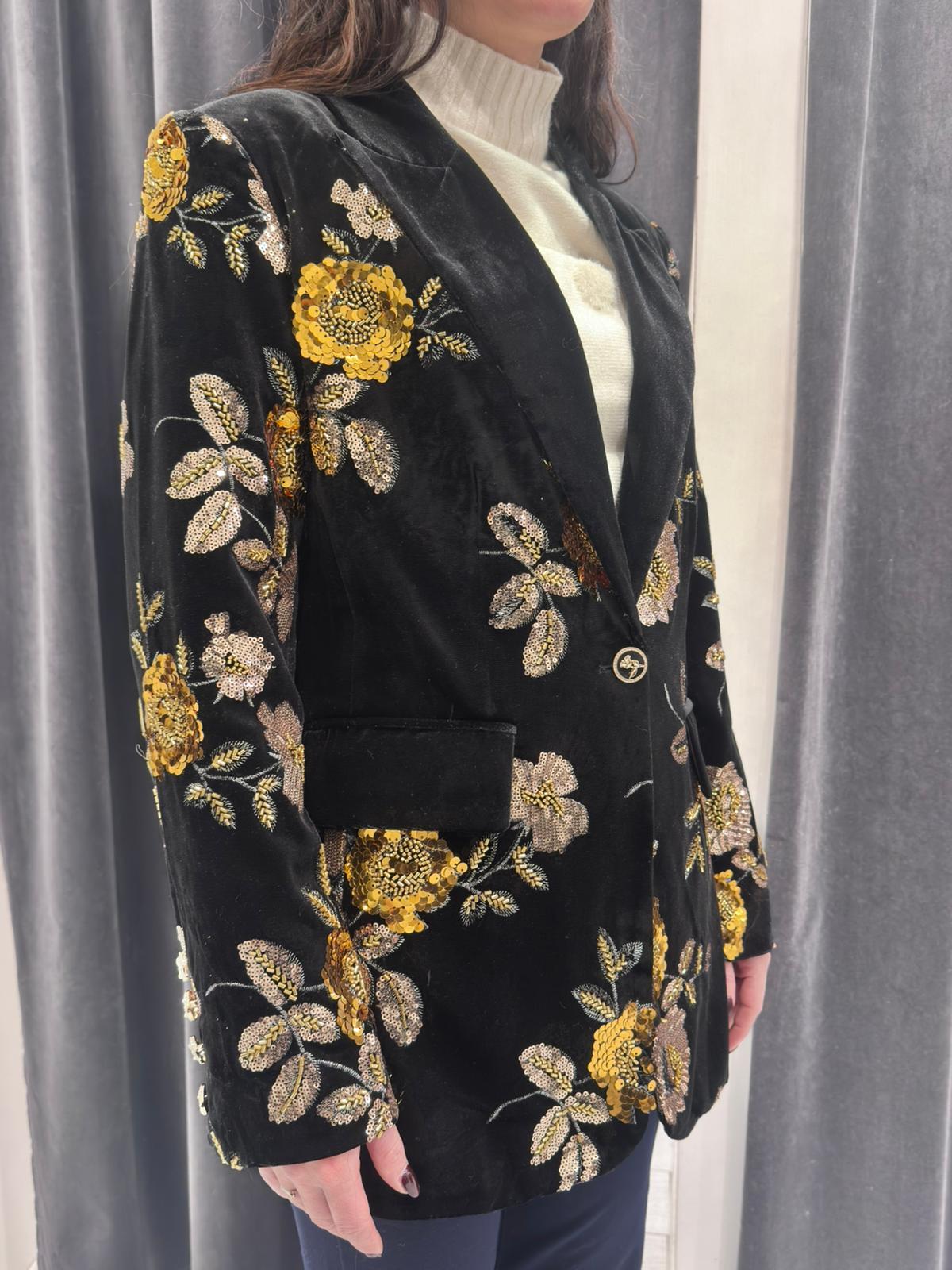 Blazer in velluto nero con ricamo floreale oro 23371 NE CRISTINA GAVIOLI 