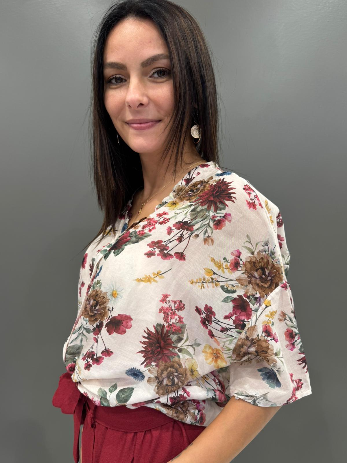 Camicia over in cotone e seta con stampa floreale 9691 AM REBECCA 