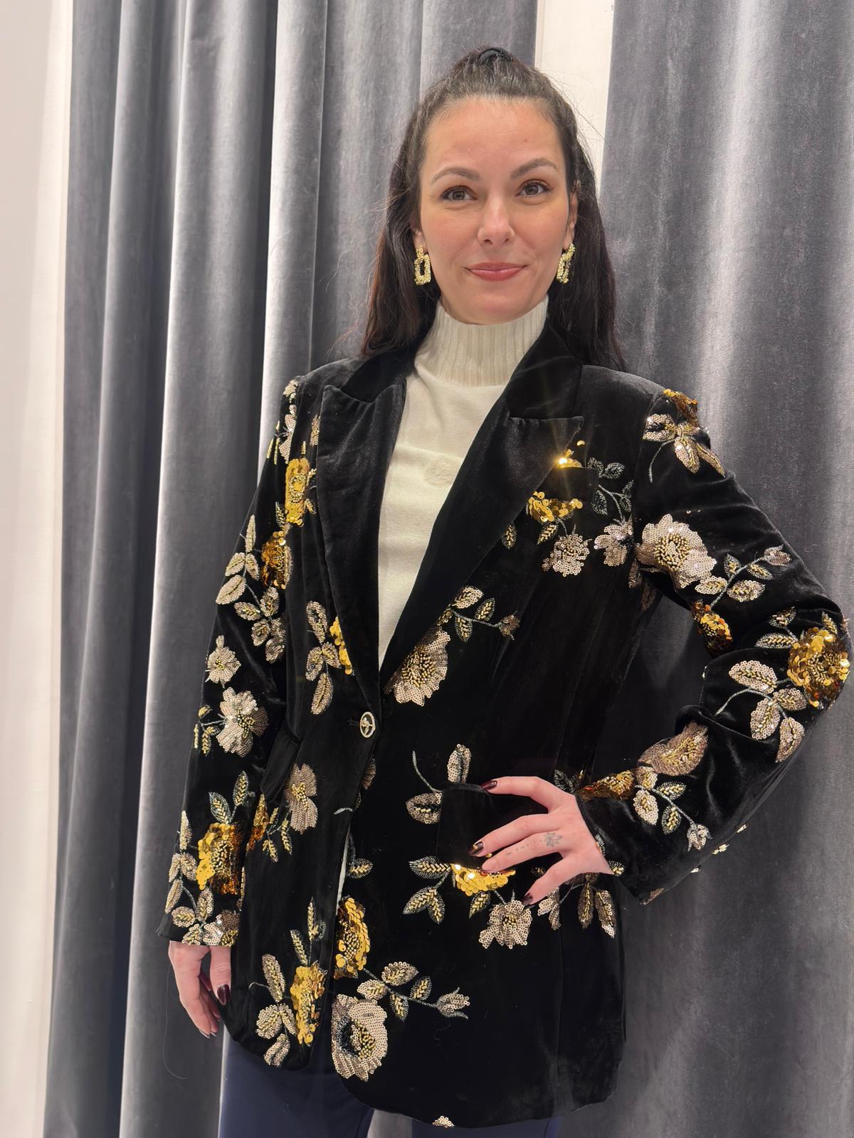 Blazer in velluto nero con ricamo floreale oro 23371 NE CRISTINA GAVIOLI 