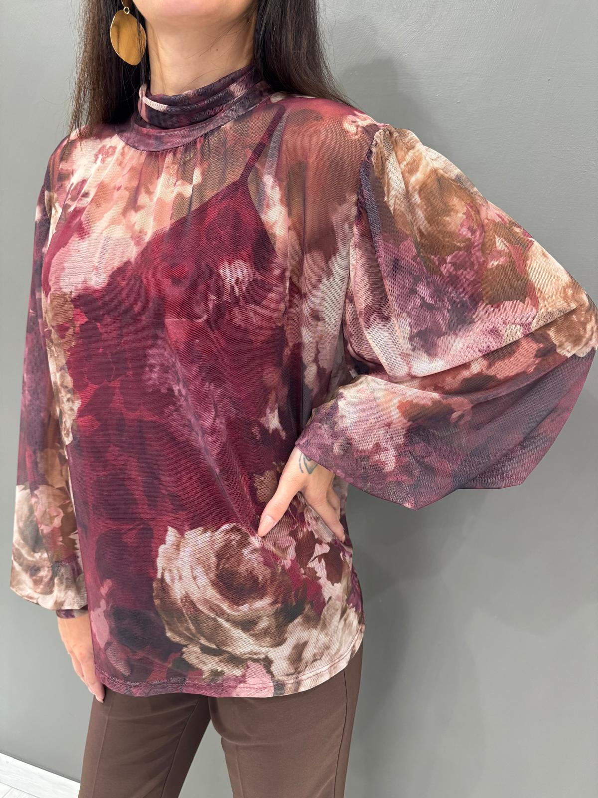 Blusa donna  in tulle con maxi fiori 19622FTULL2 BO CRISTINA GAVIOLI 