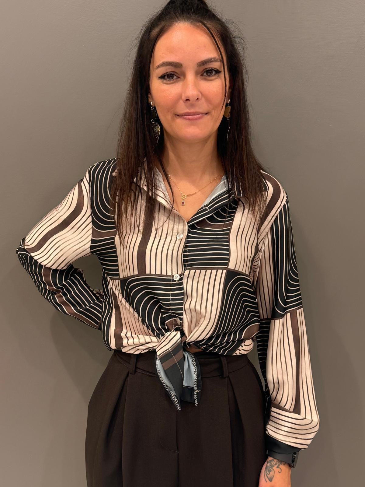 Camicia fantasia geometrica bianco  nero e beige 3957FR31 NEBU REBECCA 