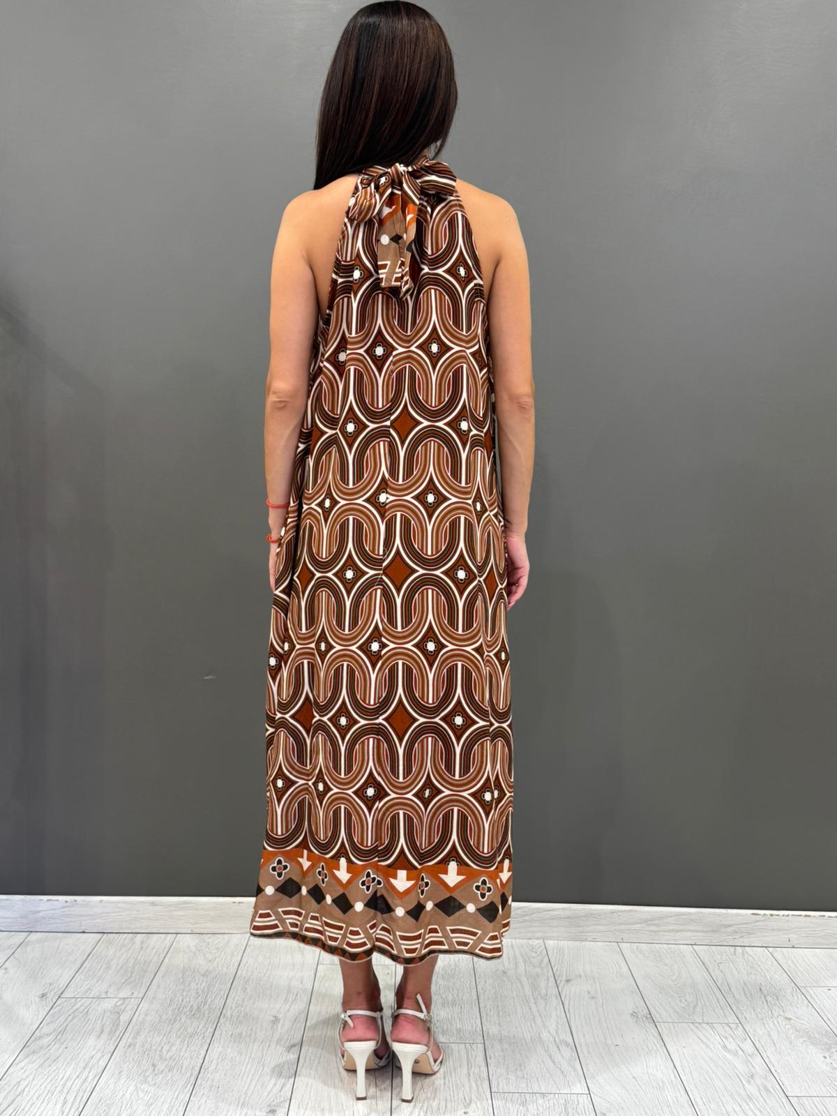 Abito lungo in 100% viscosa con collo allacciato e stampa geometrica L2775-17 OR REBECCA 