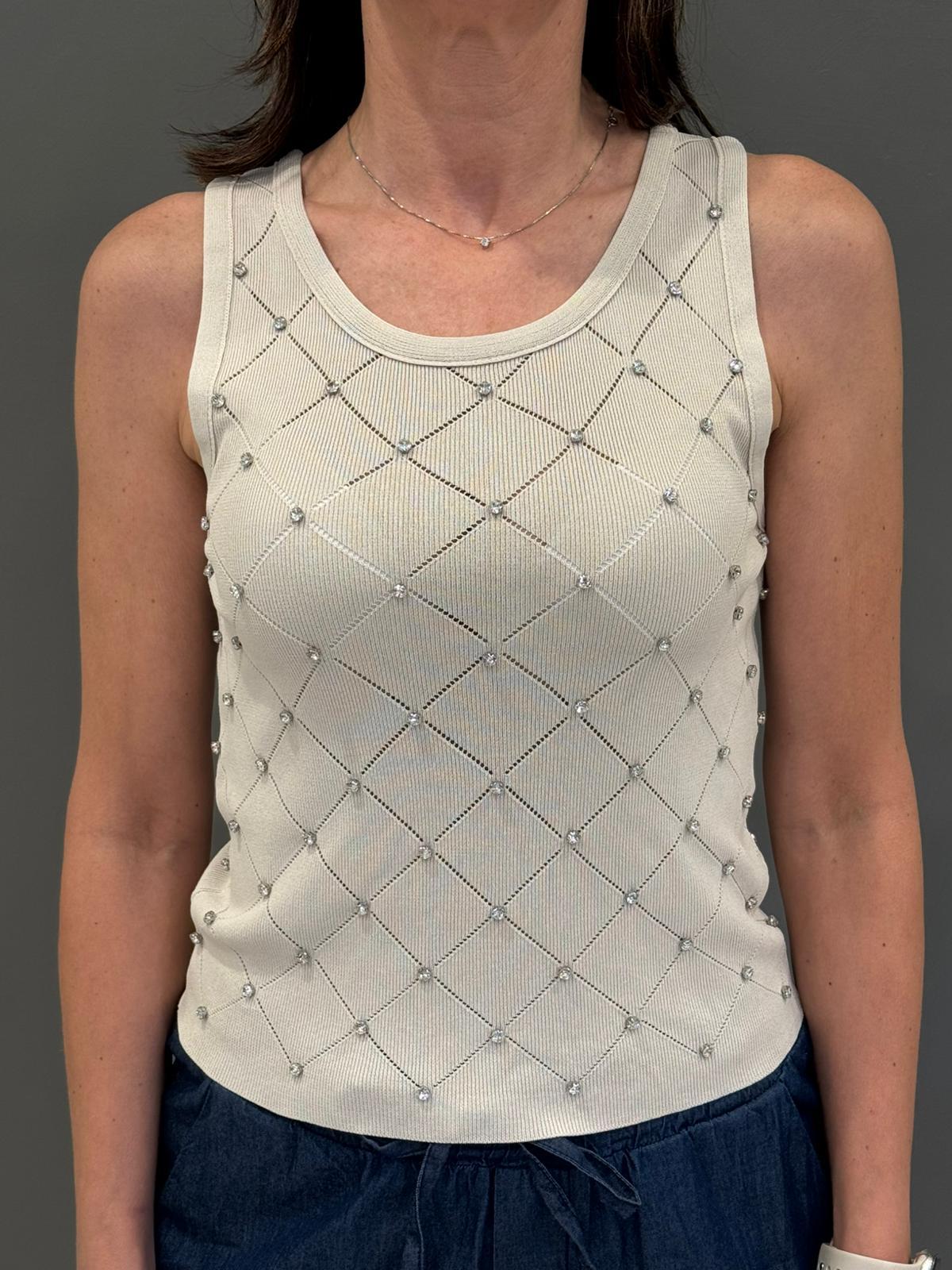 Top maglia motivo rombi con strass