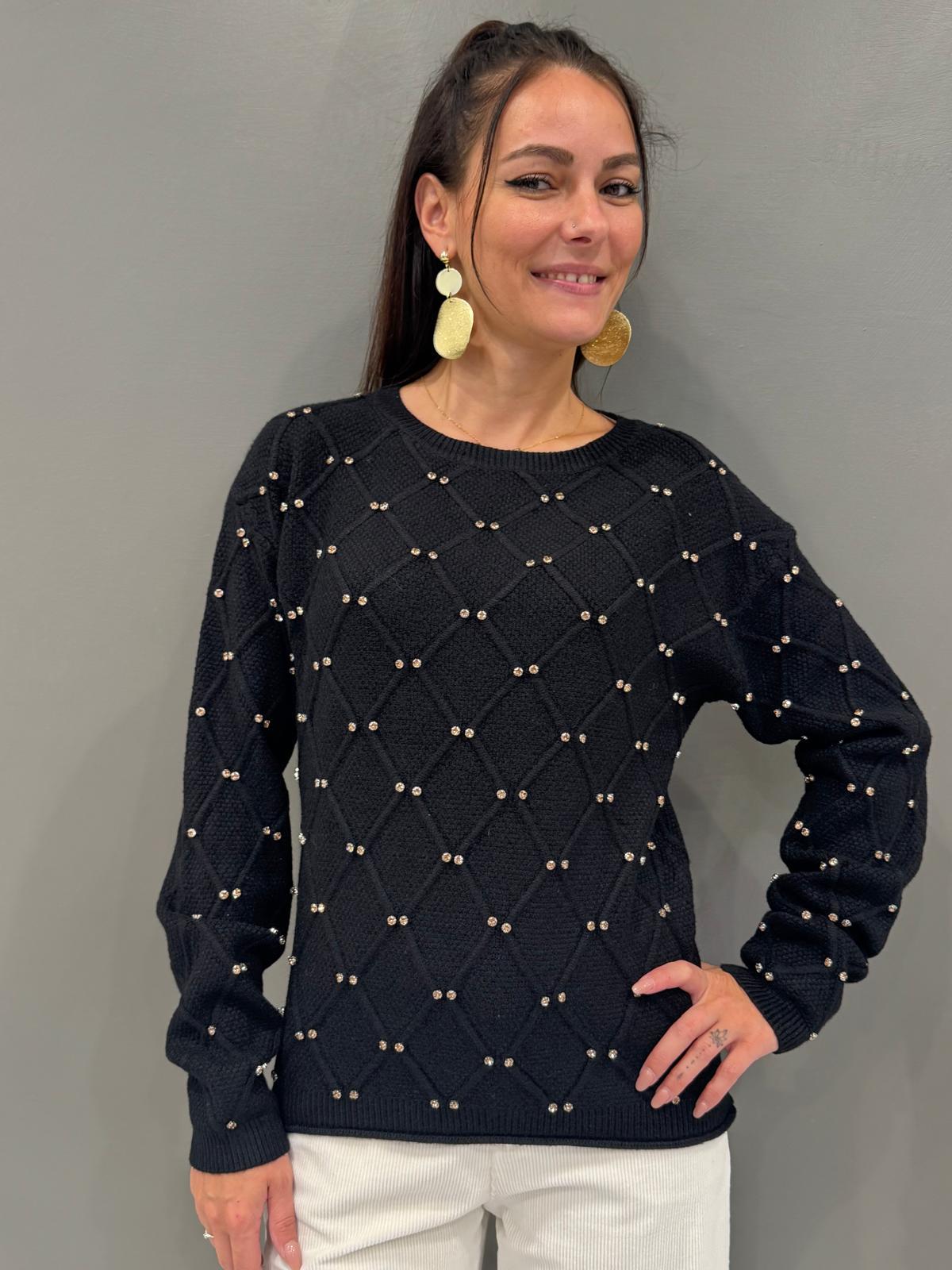 Maglia girocollo lavorata a rombi con strass 20048 NE CRISTINA GAVIOLI 
