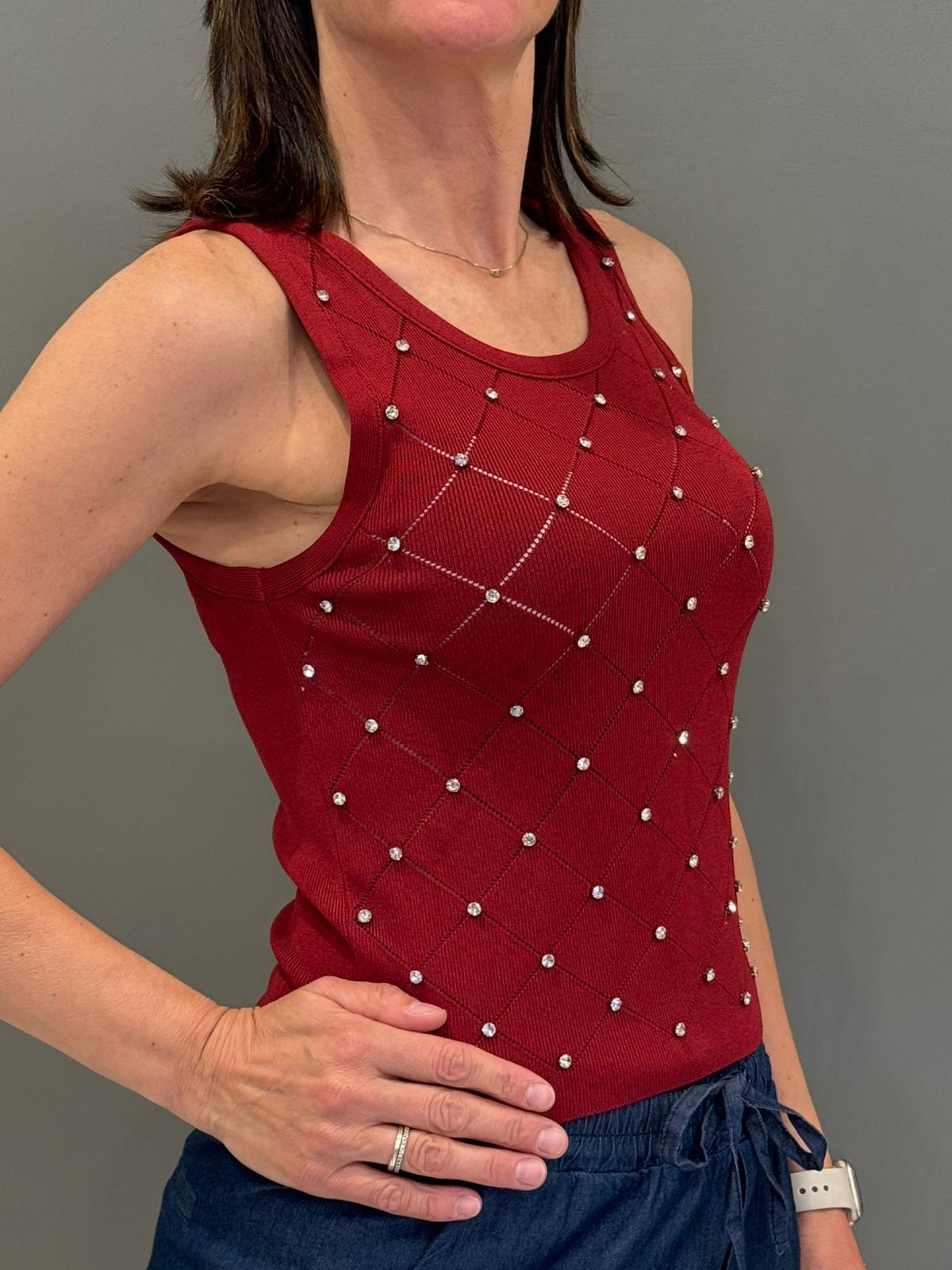 Top maglia motivo rombi con strass