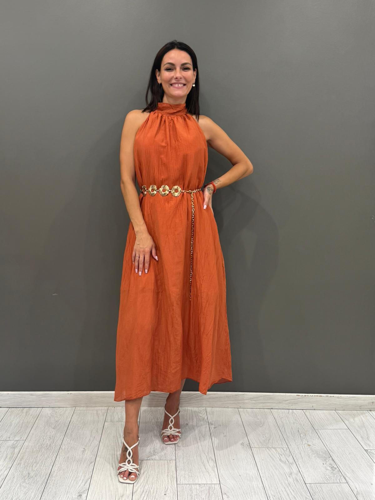 Abito midi in viscosa con scollo allamericana