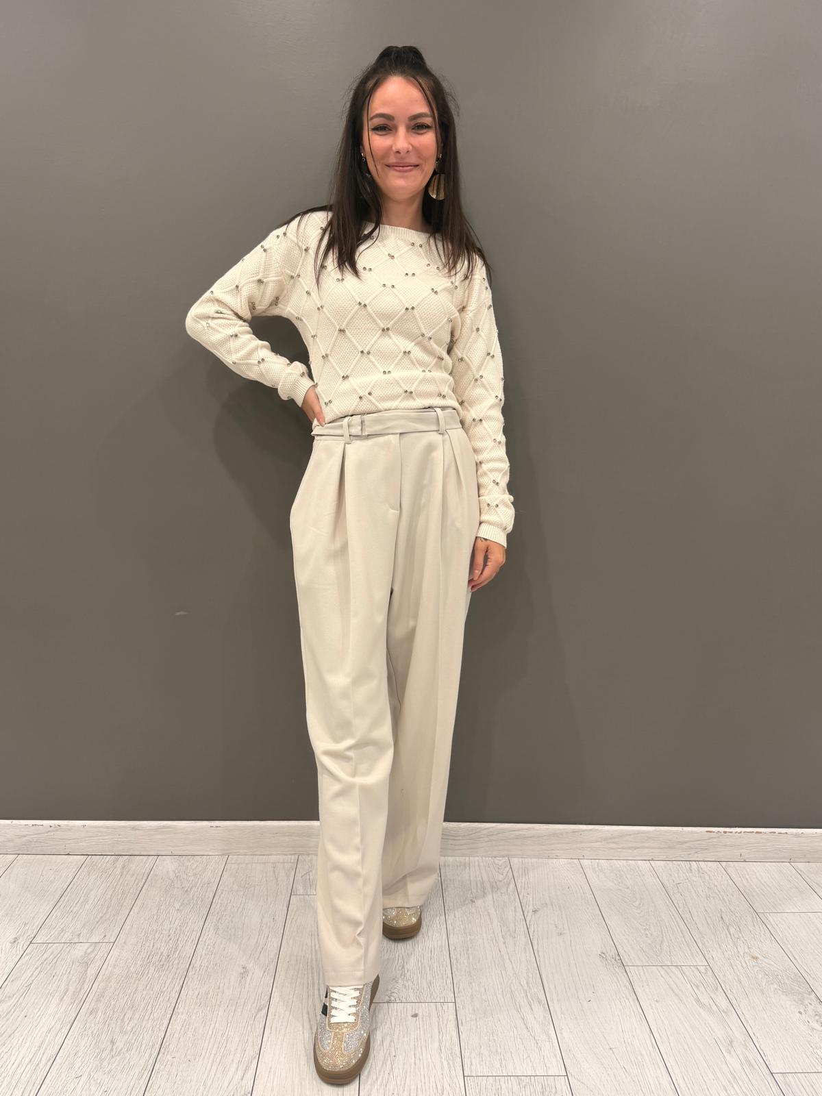 Maglia girocollo lavorata a rombi con strass 20048 NAT CRISTINA GAVIOLI 