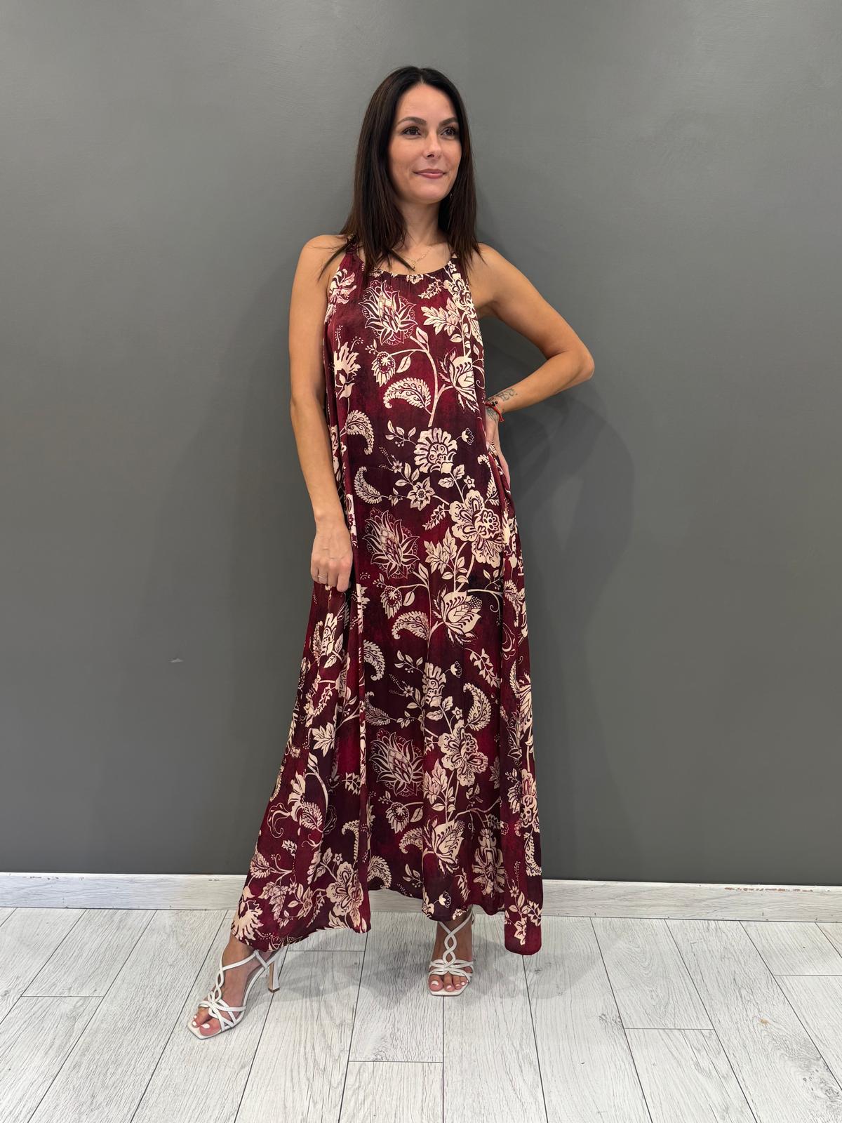 Abito lungo floreale bordeaux  100% viscosa CA592-25 VI REALI 