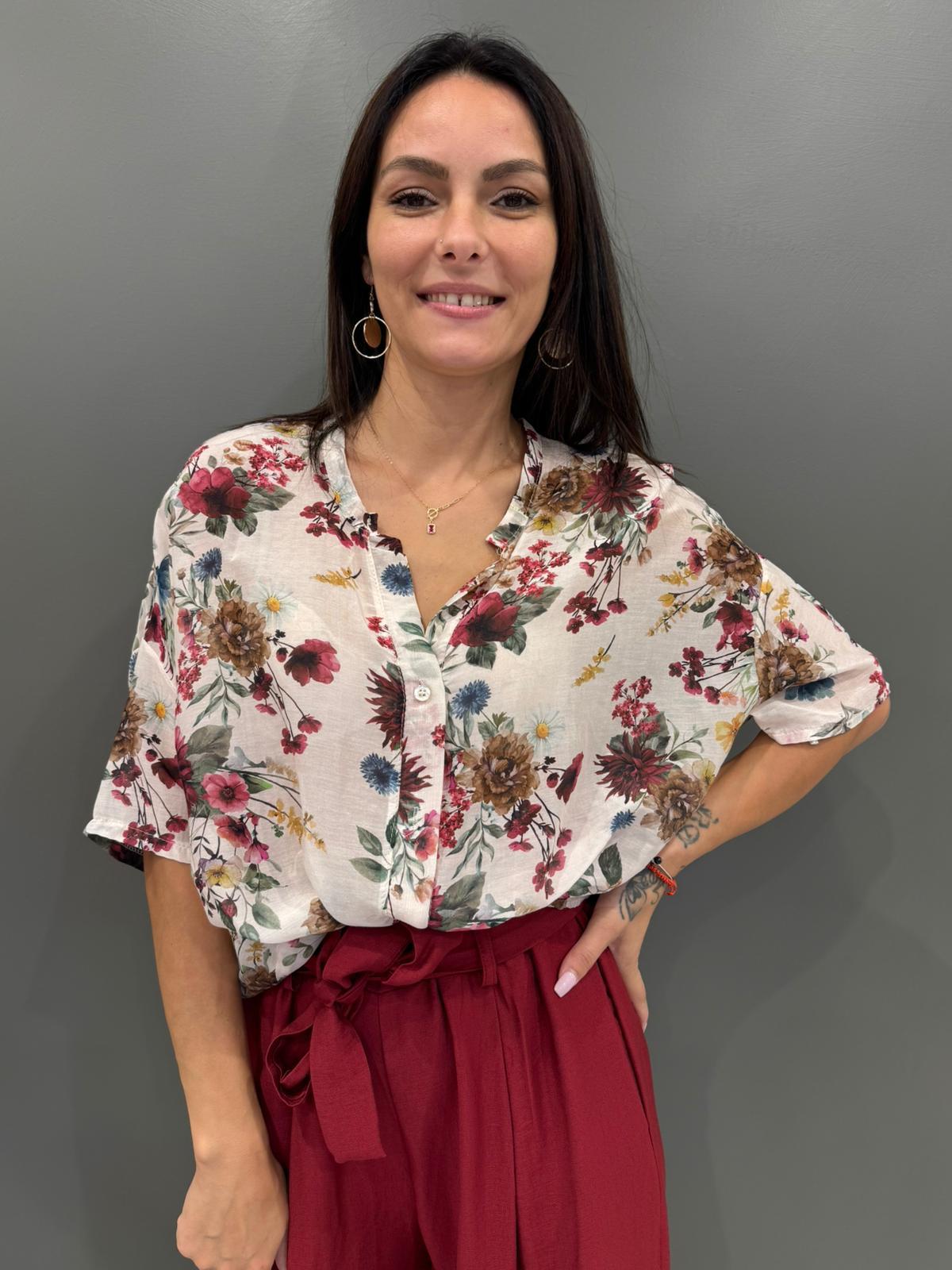 Camicia over in cotone e seta con stampa floreale 9691 AM REBECCA 