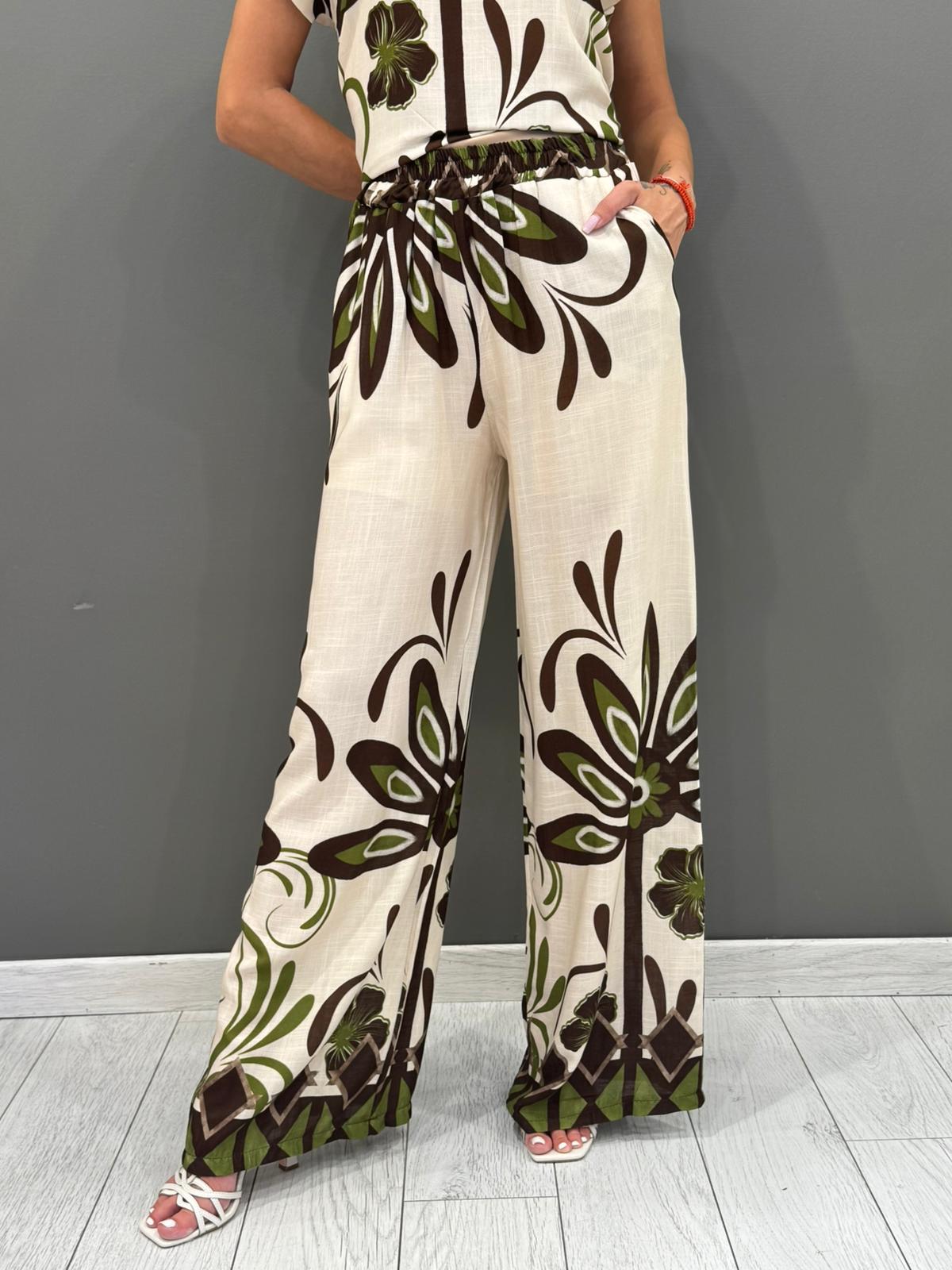 Pantalone palazzo in viscosa con stampa floreale grafica 6382-17 PA REBECCA 