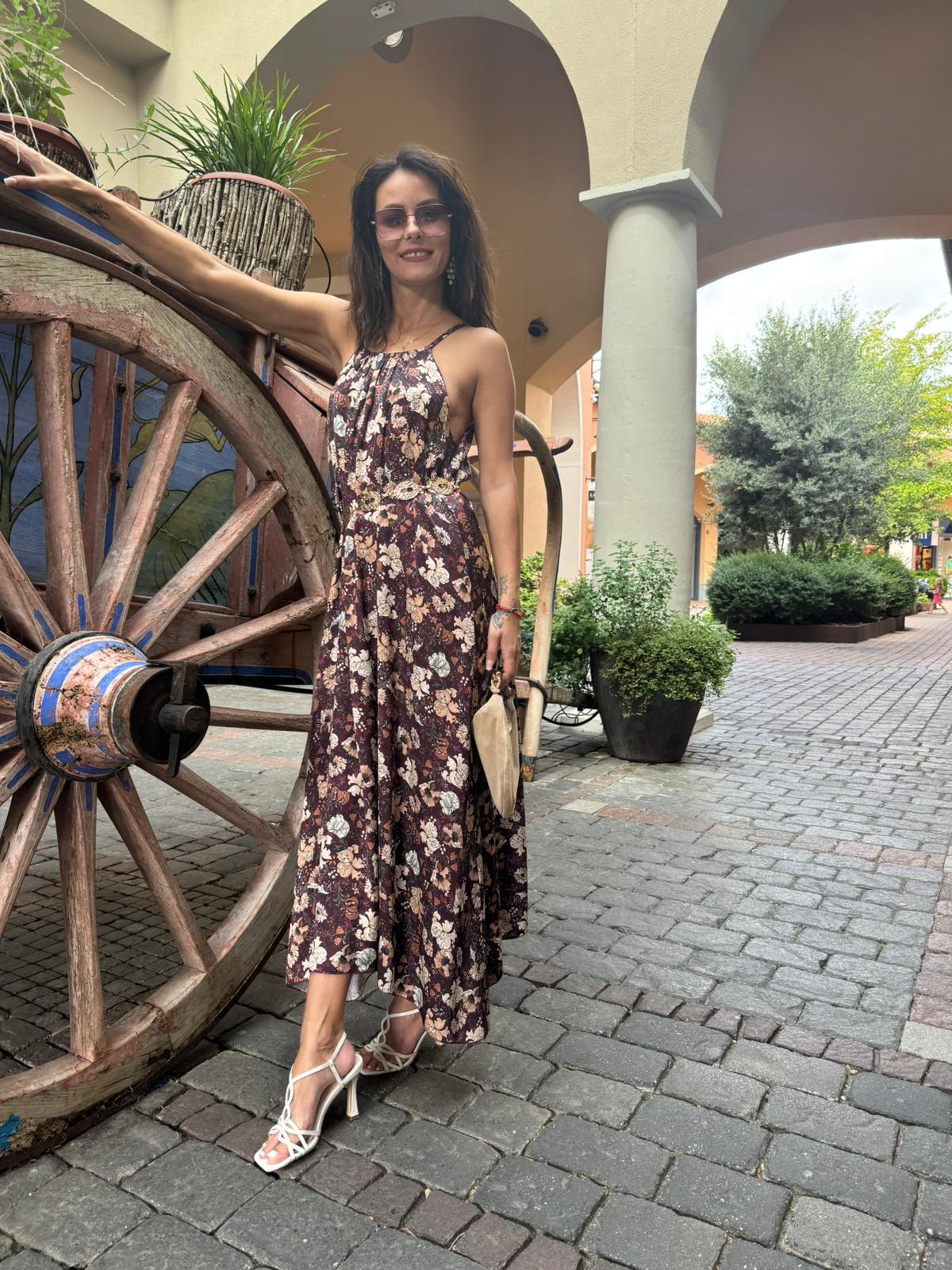 Abito lungo in raso di viscosa a fantasia floreale K513RR2 MO REBECCA 