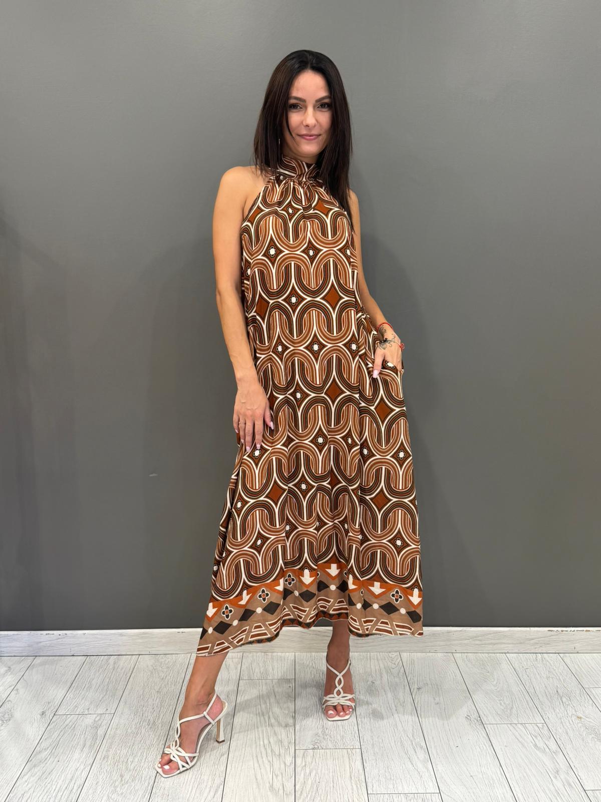 Abito lungo in 100% viscosa con collo allacciato e stampa geometrica L2775-17 OR REBECCA 