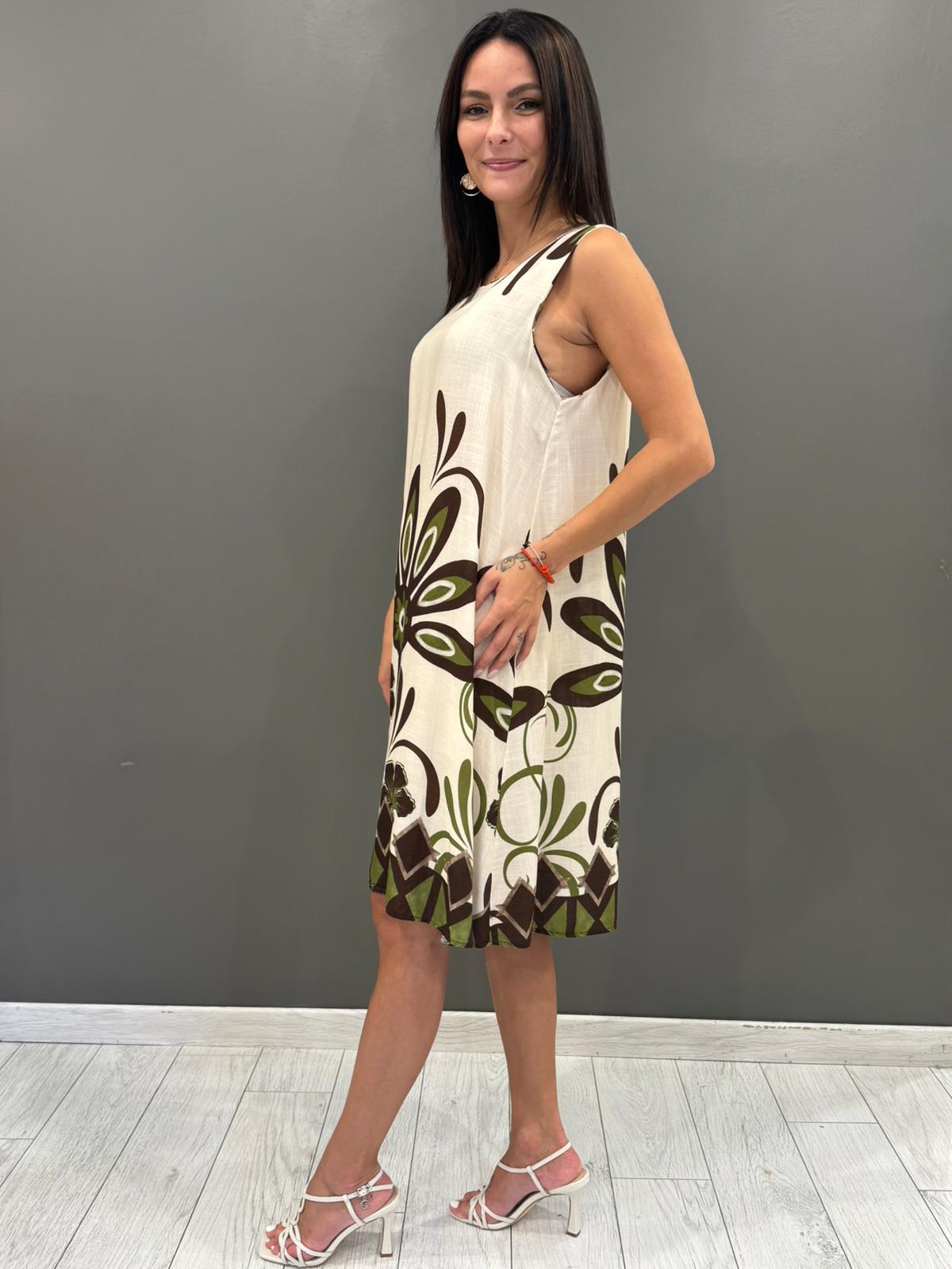 Abito smanicato in viscosa con stampa floreale grafica 19038-17 VEMO REBECCA 