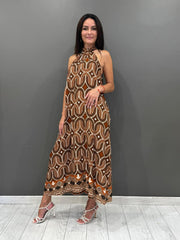 Abito lungo in 100% viscosa con collo allacciato e stampa geometrica L2775-17 OR REBECCA 