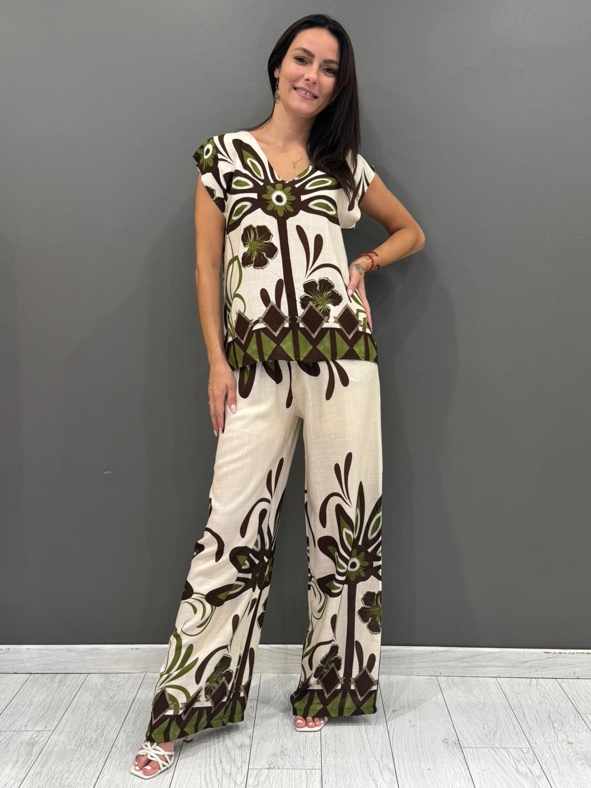 Pantalone palazzo in viscosa con stampa floreale grafica 6382-17 PA REBECCA 