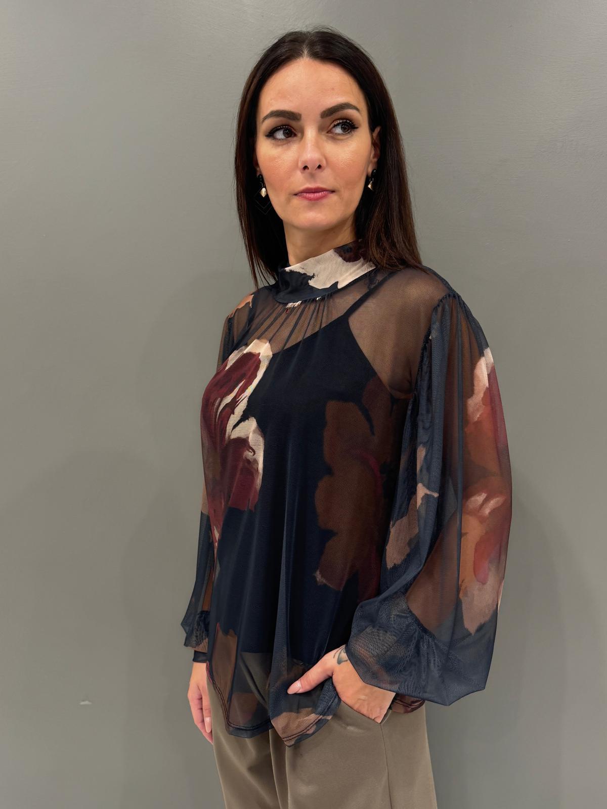 Blusa donna  in tulle con maxi fiori 19622FTULL2 NE CRISTINA GAVIOLI 