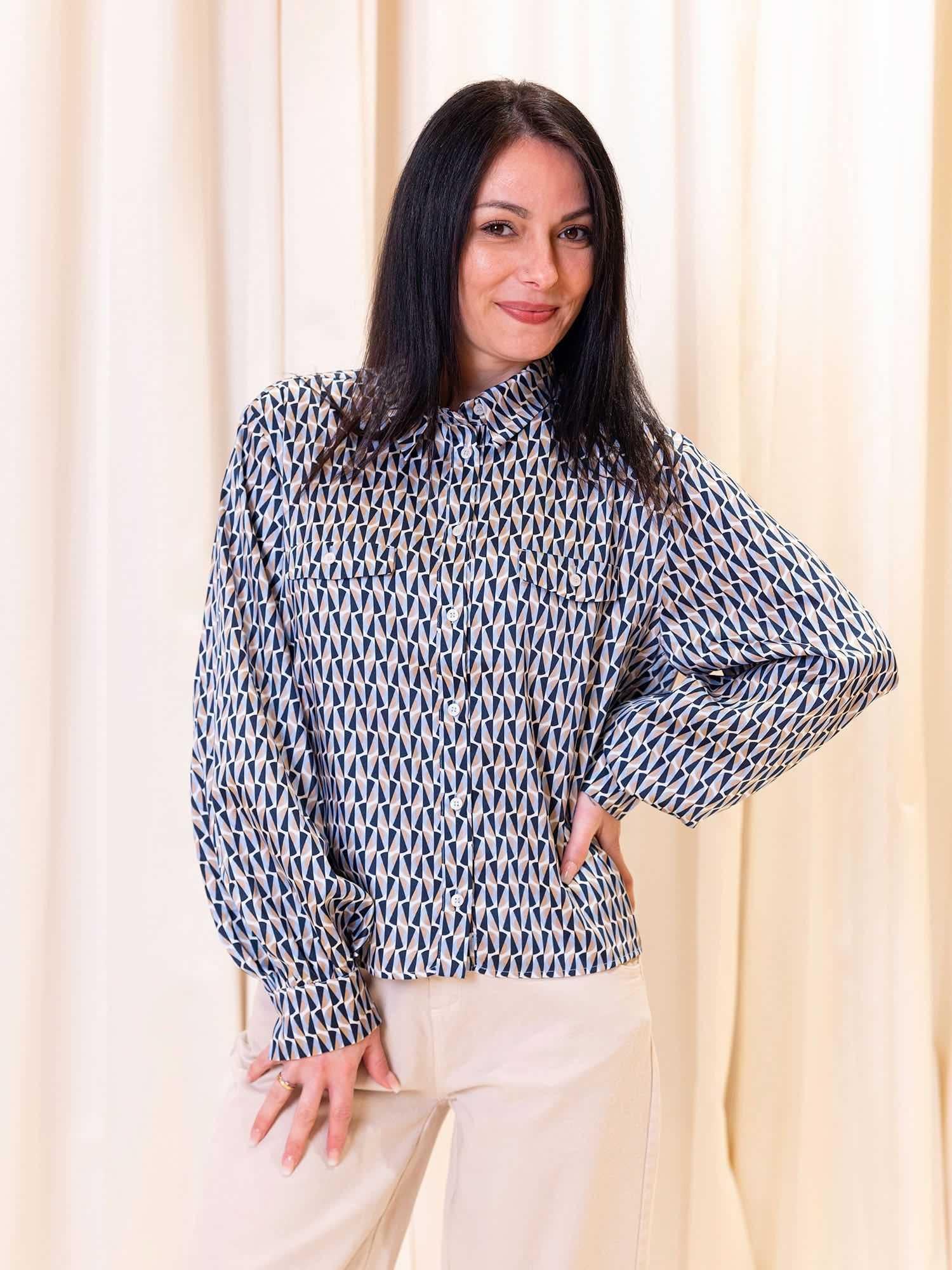 Camicia bicolor in twill tecnico con stampa