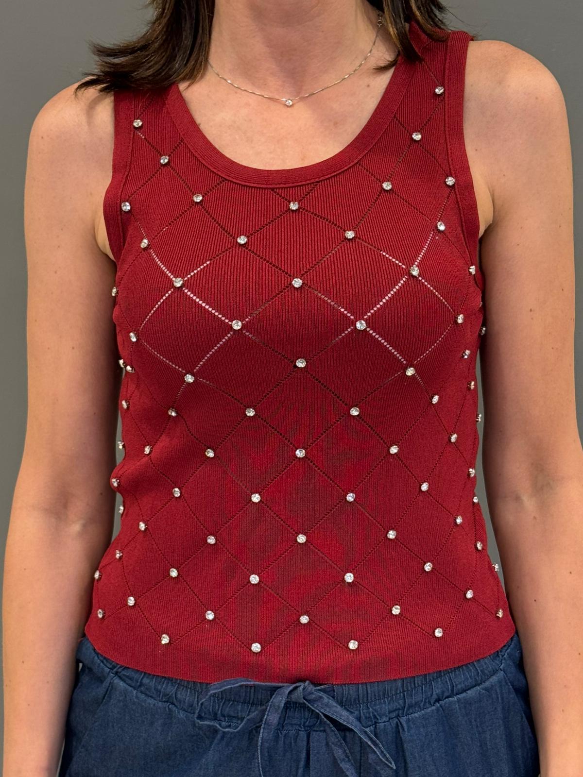 Top maglia motivo rombi con strass