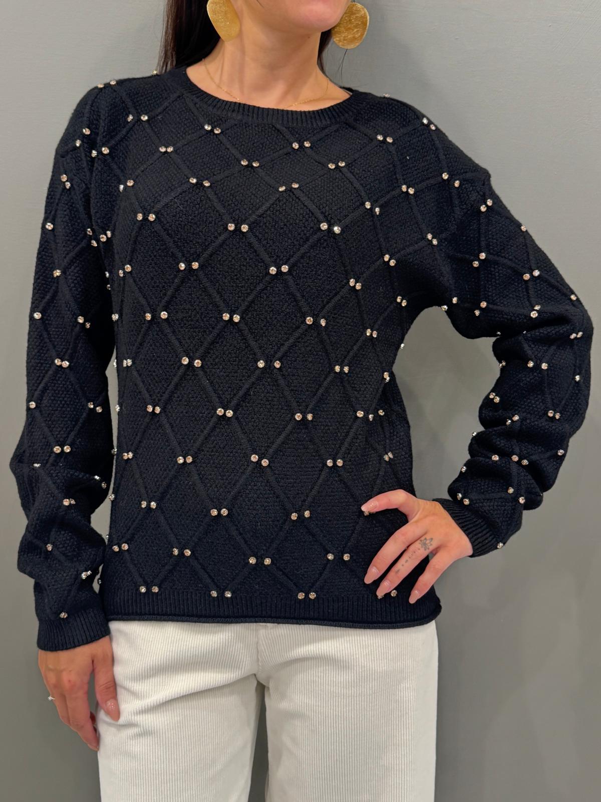 Maglia girocollo lavorata a rombi con strass 20048 NE CRISTINA GAVIOLI 