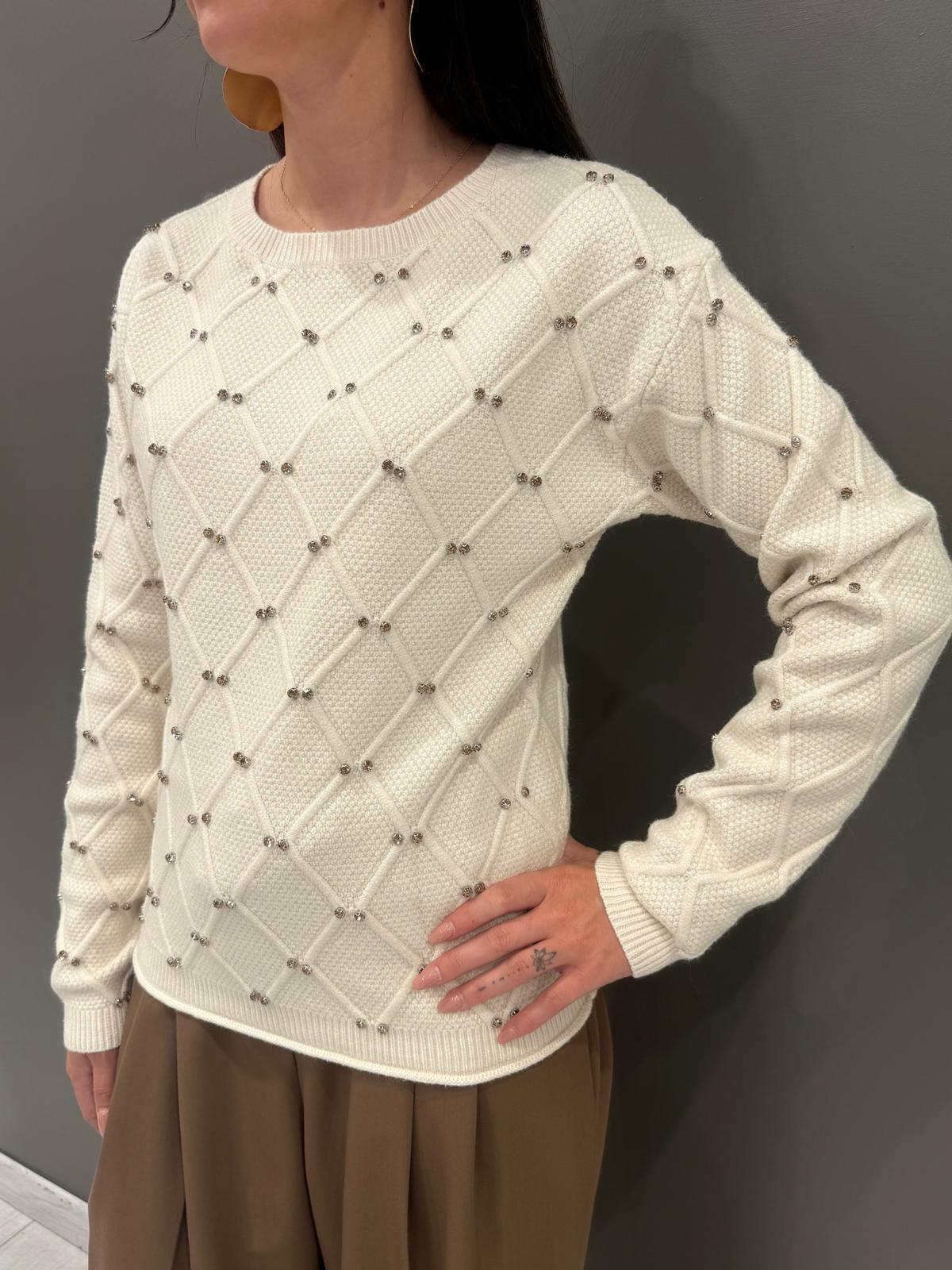 Maglia girocollo lavorata a rombi con strass 20048 NAT CRISTINA GAVIOLI 