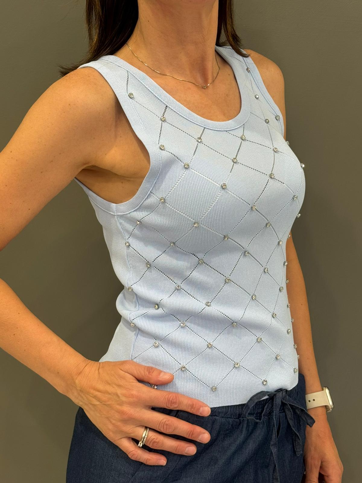 Top maglia motivo rombi con strass