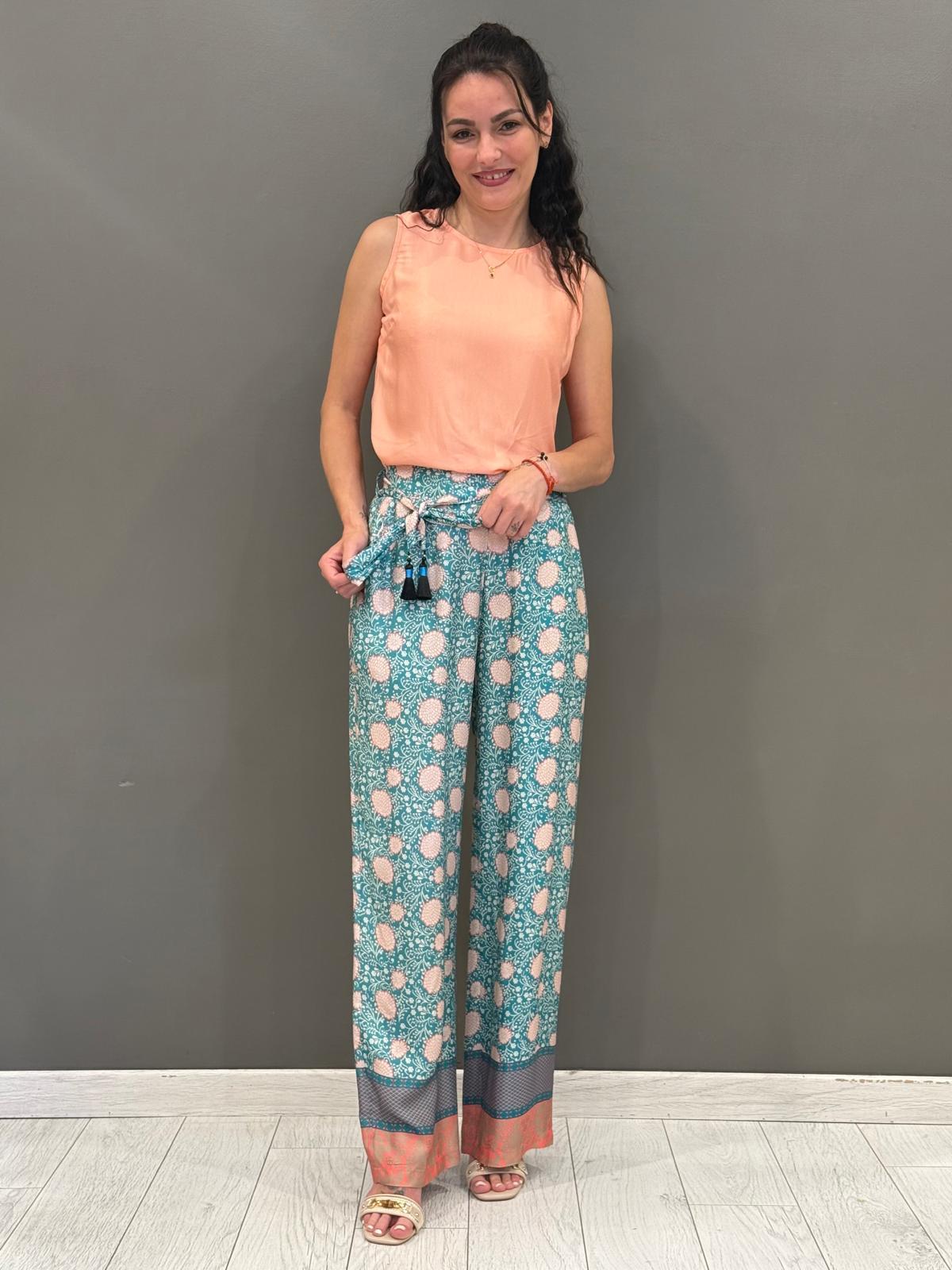 Pantaloni a palazzo fantasia con cintura 25621 V2 WU'SIDE 