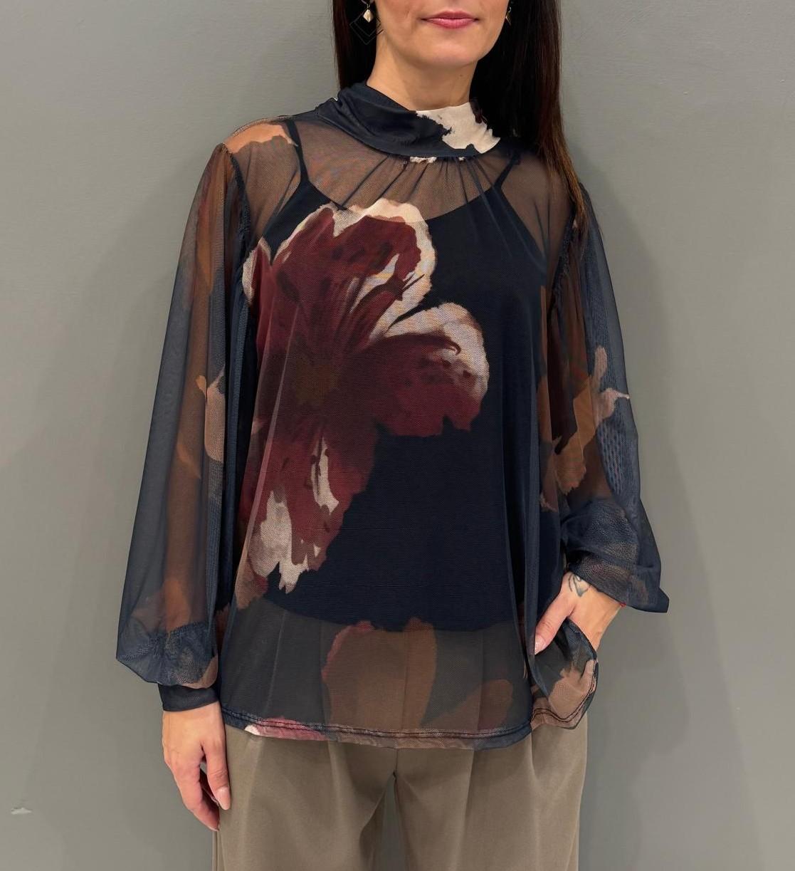 Blusa donna  in tulle con maxi fiori 19622FTULL2 NE CRISTINA GAVIOLI 