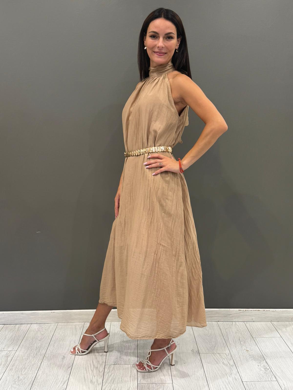 Abito midi in viscosa con scollo allamericana