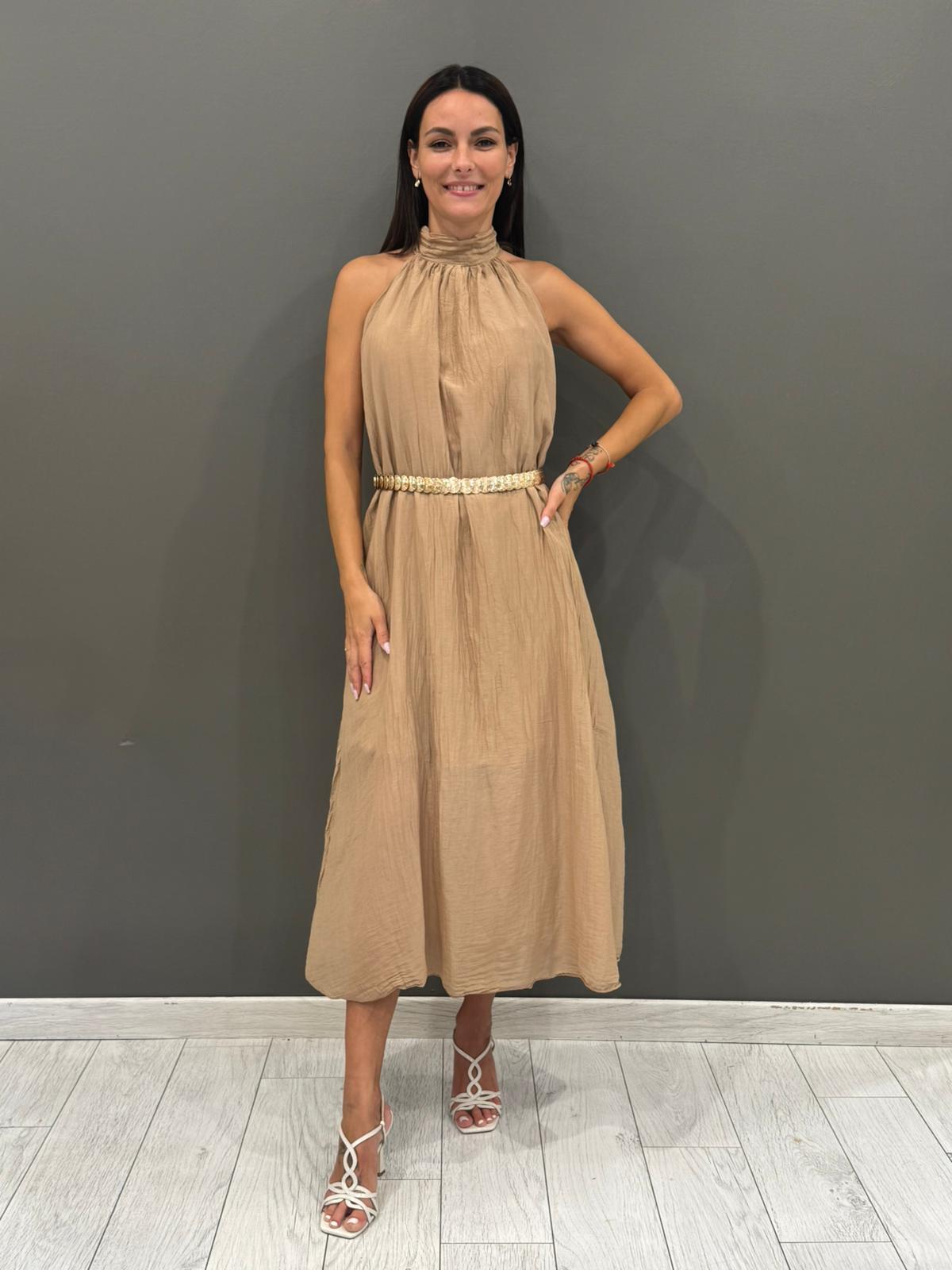 Abito midi in viscosa con scollo allamericana