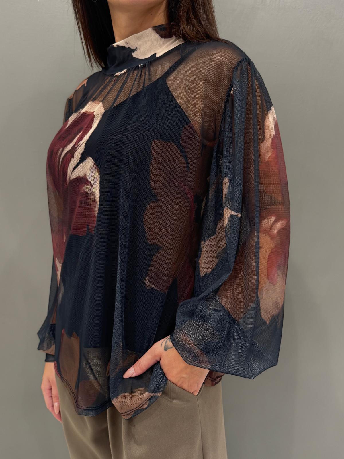 Blusa donna  in tulle con maxi fiori 19622FTULL2 NE CRISTINA GAVIOLI 