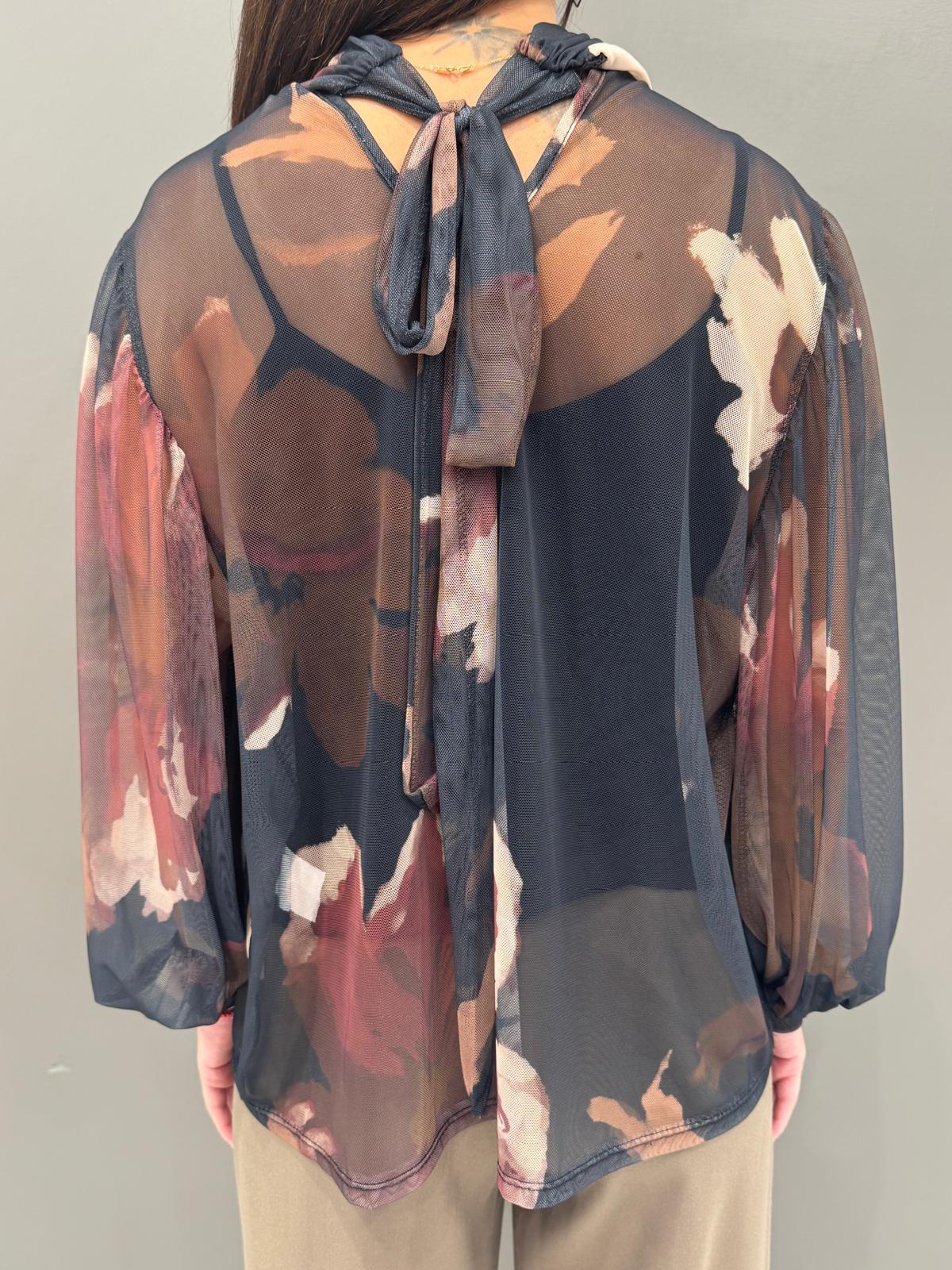 Blusa donna  in tulle con maxi fiori 19622FTULL2 NE CRISTINA GAVIOLI 