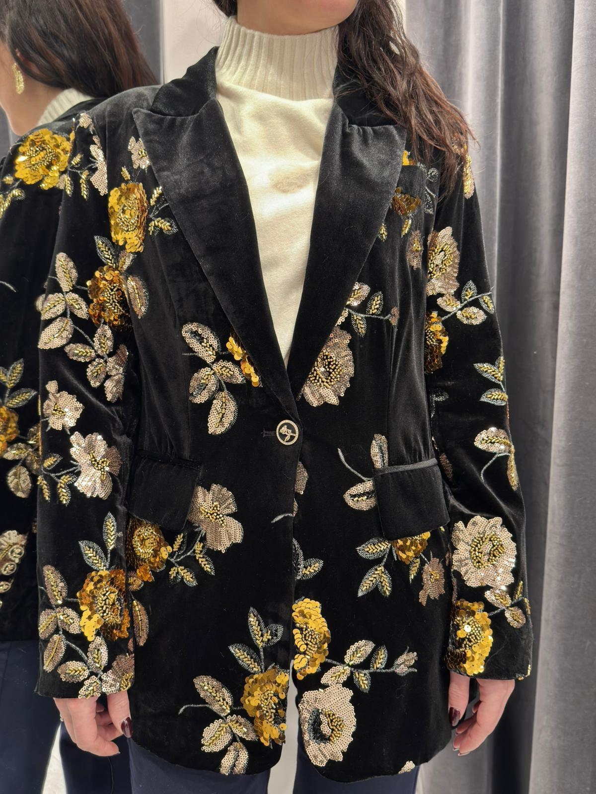 Blazer in velluto nero con ricamo floreale oro 23371 NE CRISTINA GAVIOLI 