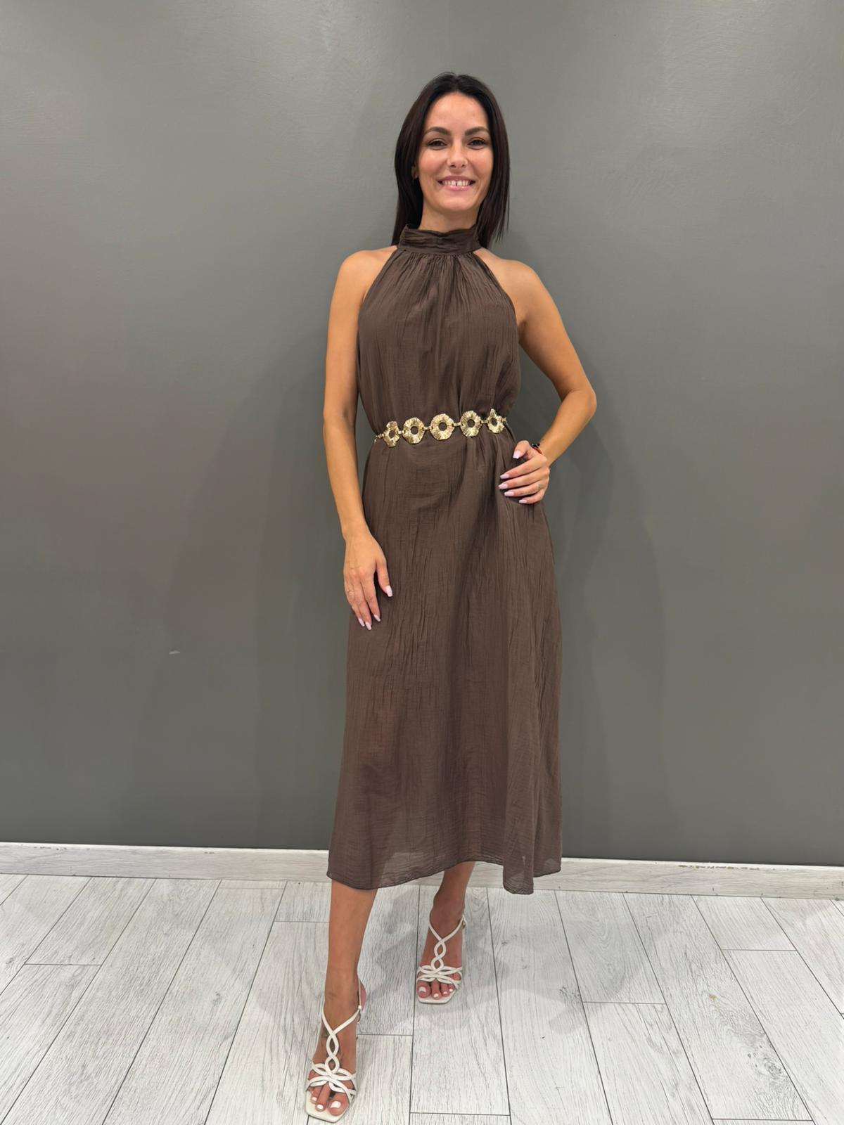 Abito midi in viscosa con scollo allamericana