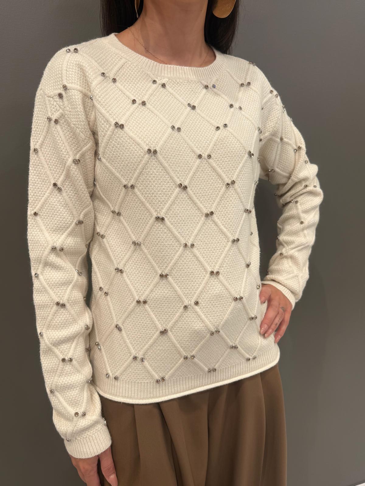 Maglia girocollo lavorata a rombi con strass 20048 NAT CRISTINA GAVIOLI 