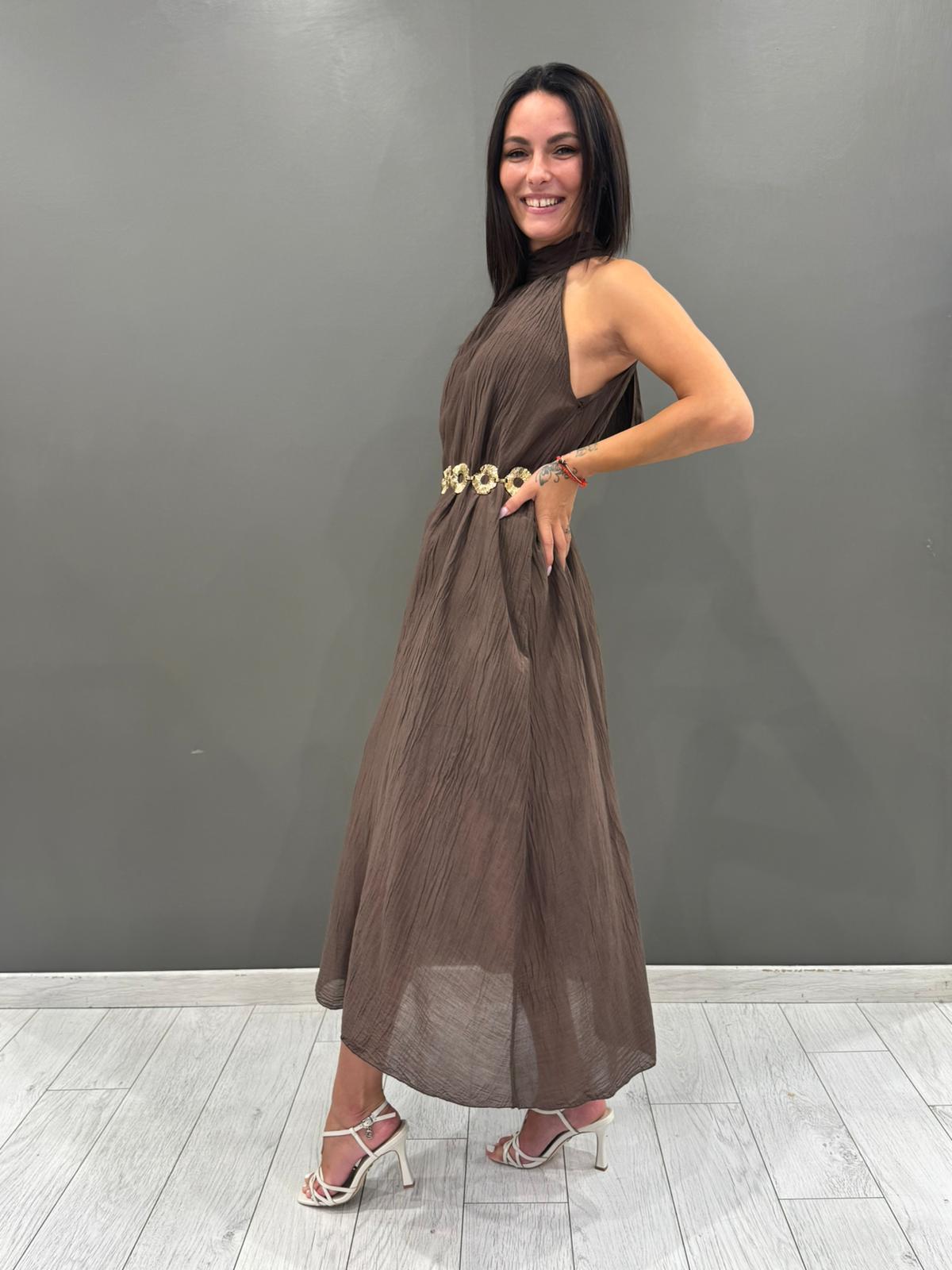 Abito midi in viscosa con scollo allamericana