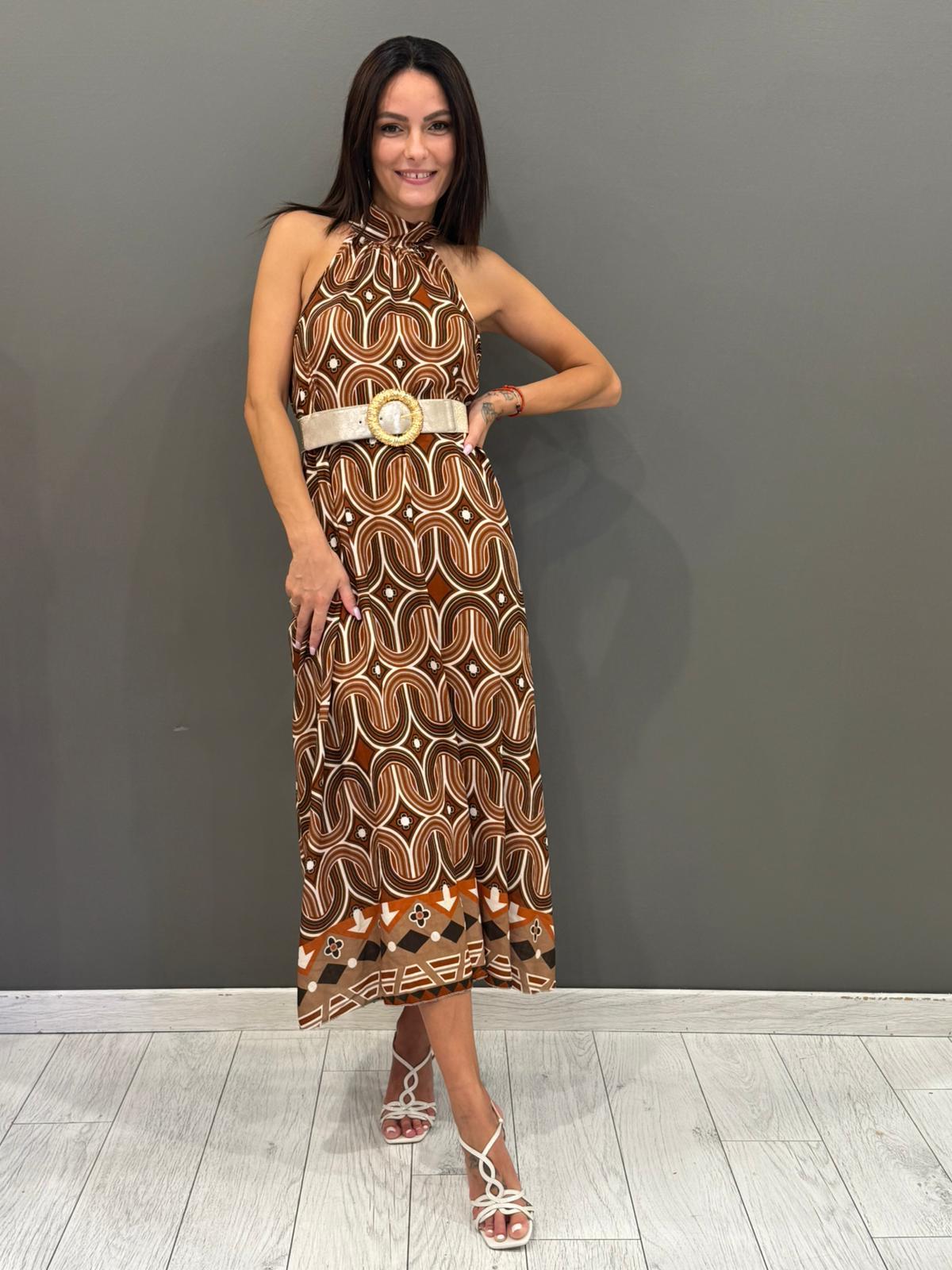 Abito lungo in 100% viscosa con collo allacciato e stampa geometrica L2775-17 OR REBECCA 