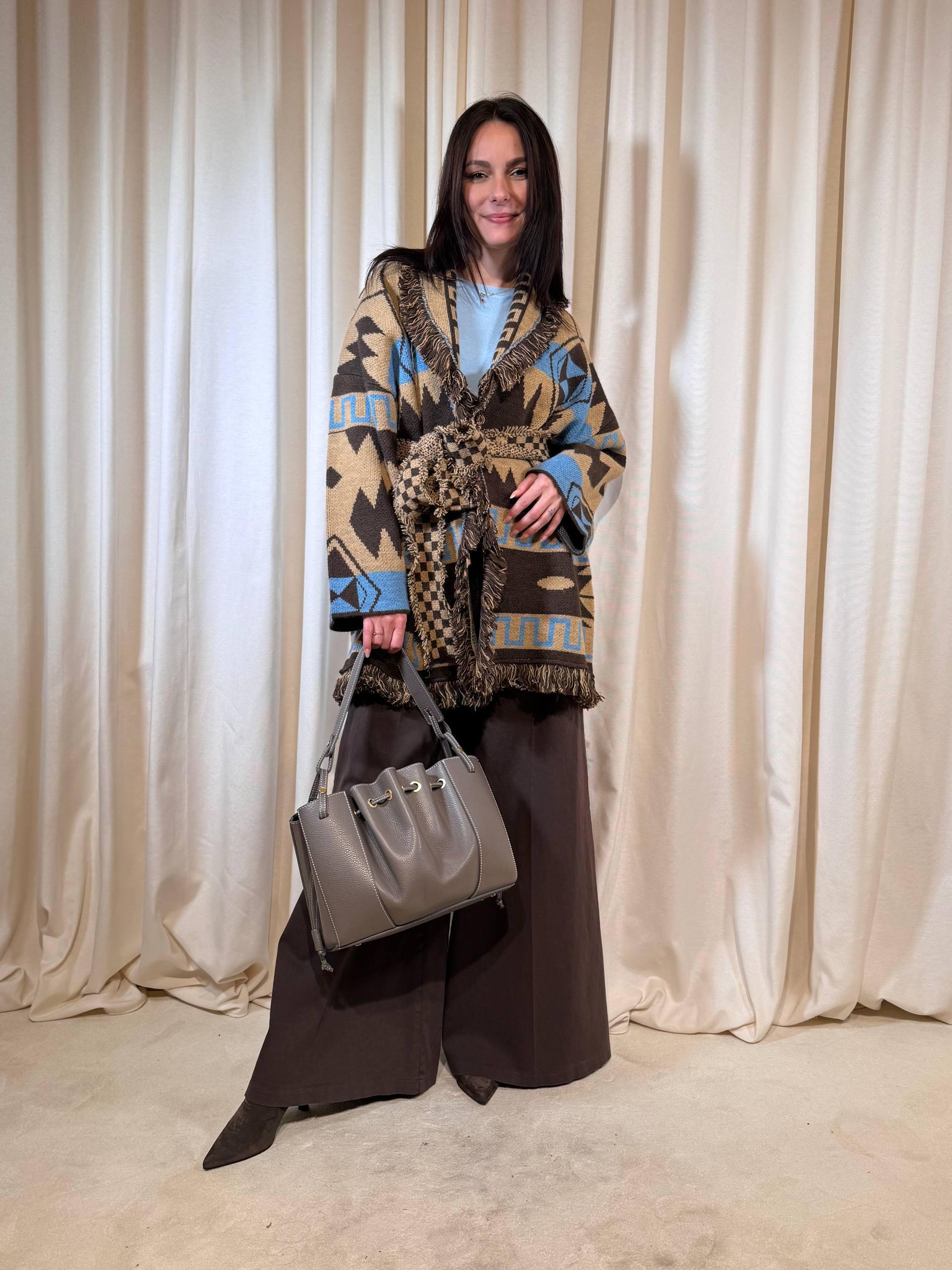 Cardigan jacquard con frange e cintura WSHMG18A400A25 4 TENSIONE IN 