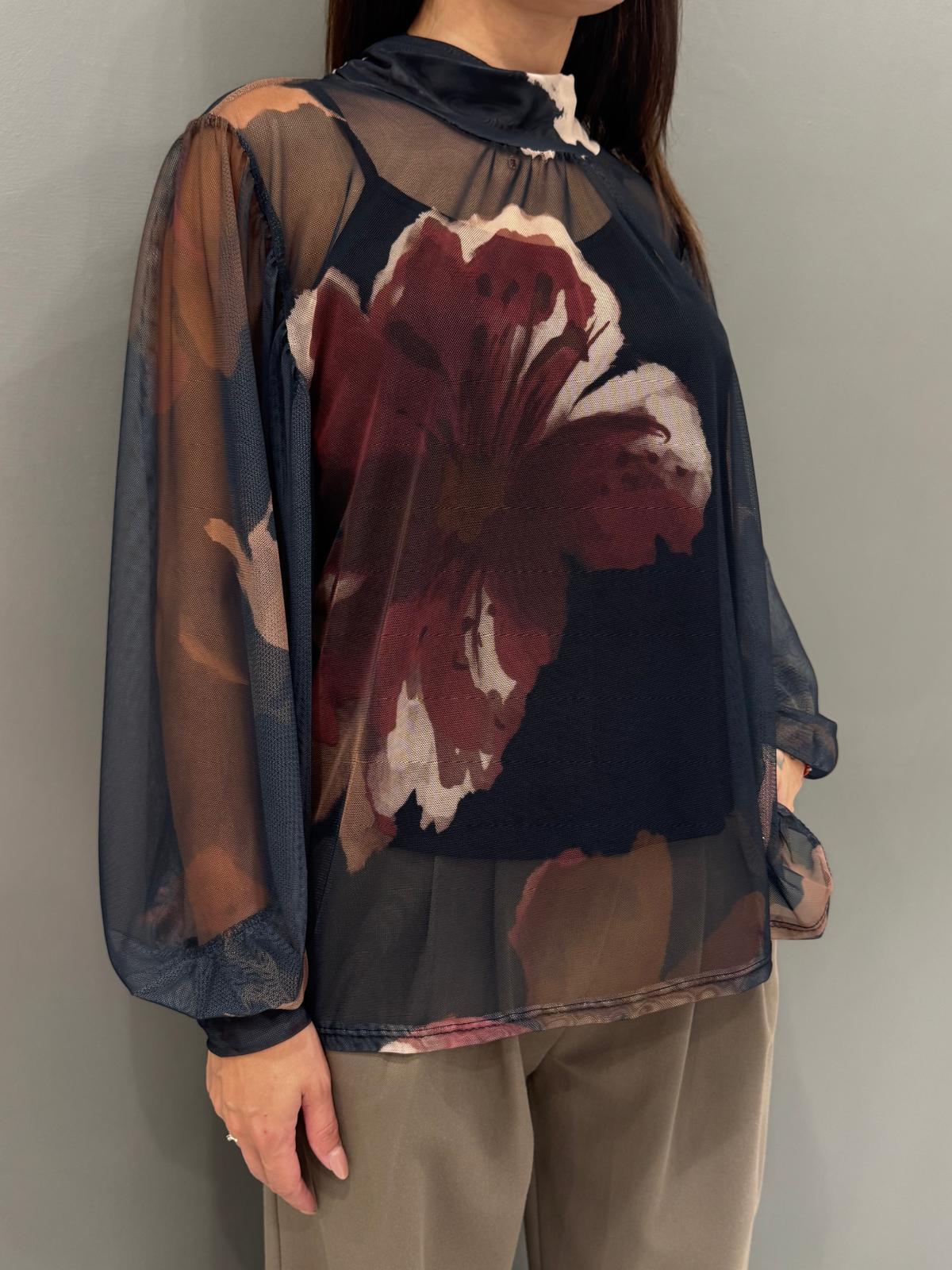 Blusa donna  in tulle con maxi fiori 19622FTULL2 NE CRISTINA GAVIOLI 